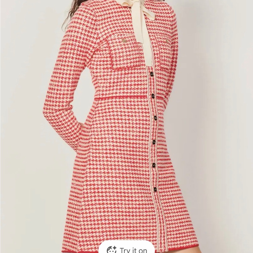 Sandro Red and Cream Houndstooth Mini Dress